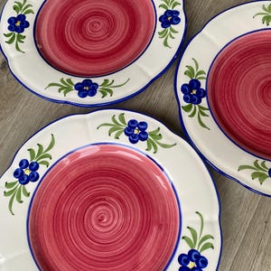 May include: A set of three white ceramic plates with a scalloped edge. Each plate has a red spiral design in the centre, a blue rim, and floral accents with blue flowers and green leaves. A decorative tableware set.