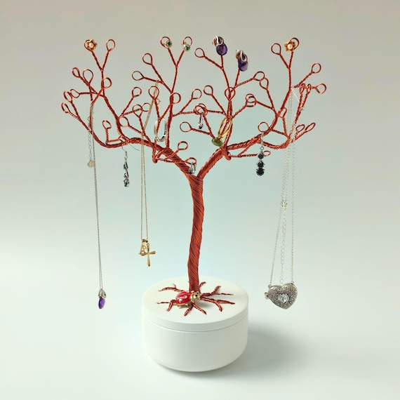 Artisan Copper Jewelry Tree with Ceramic Base – Necklace Holder,Bracelet Display,Ring & Earring Organizer | Handmade Boho Decor,Gift for Her