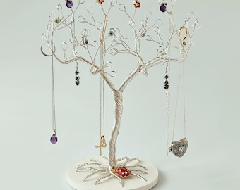 Schmuckbaum aus Silberdraht - Halskettenständer, Armbandhalter & Ohrring-Organizer | Handgefertigtes Geschenk | Moderner Boho-Deko