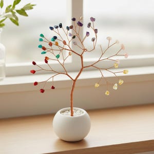 7 Chakra Tree of Life – Gemstone Copper Wire Tree in Ceramic Bowl, Yoga Room Decor, Boho Meditation Gift, Rainbow Chakra Art