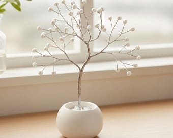 White Pearl Tree – Handmade Anniversary Gift with Sterling Silver-Plated Copper Wire & Ceramic Bowl, Elegant Home Décor