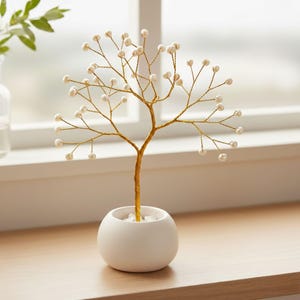 White Pearl Tree – Handmade Anniversary Gift with Gold-Plated Copper Wire & Ceramic Bowl, Elegant Home Décor