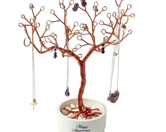 Artisan Kupfer‑Schmuckbaum in Keramikschale – Halskettenhalter, Ringständer, Armband & Ohrring Organizer, Handgemachtes Geschenk für Sie