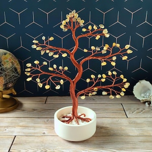 Citrine Bonsai Tree – Handmade Copper Wire Sculpture in Ceramic Bowl, Crystal Tree for Home Decor, Optimism Gift, November Birthstone