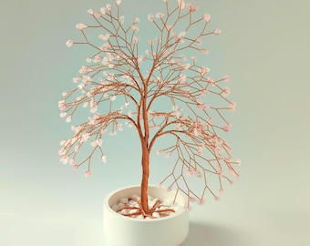 Bonsai Árvore da Vida de Quartzo Rosa – Escultura de Fio de Cobre, Presente 2 e 5 Aniversário, Decoração de Cristal Artesanal