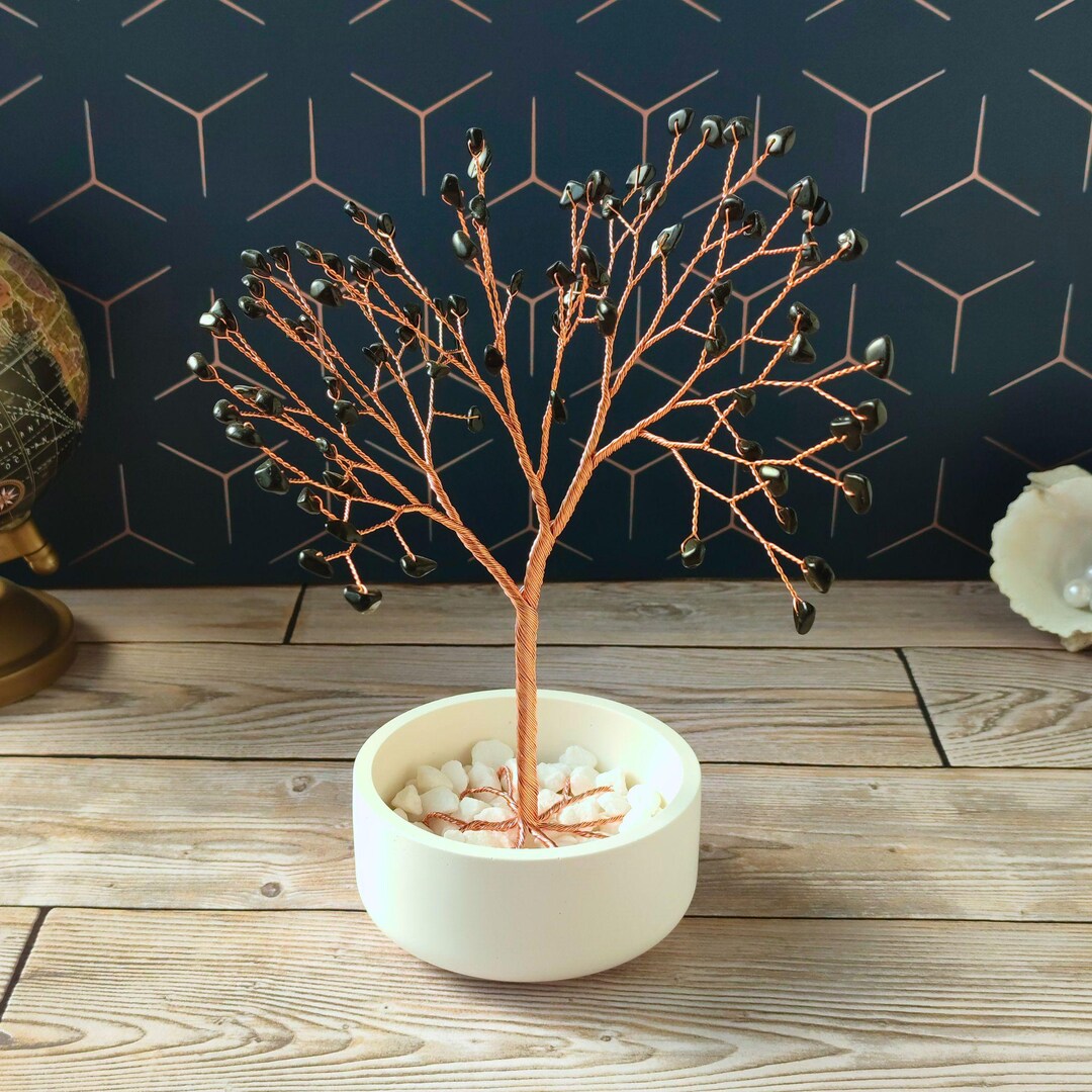 Obsidian Tree of Life – Handmade Copper Wire Sculpture in Ceramic Bowl ...