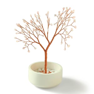 Rose Quartz Tree of Life – Handmade Copper Wire Sculpture in Ceramic Bowl, Crystal Tree for Home and Office Decor – 5th Anniversary Gift