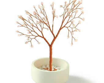 Árvore da Vida Quartzo Rosa – Escultura em Fio de Cobre com Tigela de Cerâmica, Presente 5º Aniversário, Casa ou Escritório