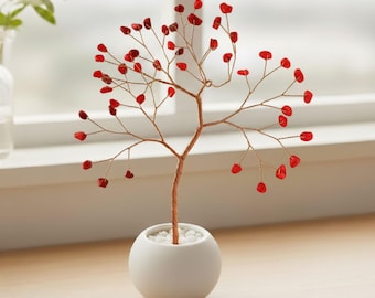 Koraalboom voor 35-jarig Huwelijksjubileum – Handgemaakte Levensboom van Koperdraad met Keramische Kom, Uniek Cadeau voor Ouders