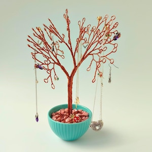 Copper Jewelry Organizer Tree: Turquoise Bowl, Pink Stone Accents