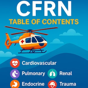 May include: An illustration for CFRN, featuring an orange and white helicopter with a red cross. The text "CFRN TABLE OF CONTENTS" is at the top. Below are icons and titles for Cardiovascular, Pulmonary, Renal, Endocrine, Trauma, Gastrointestinal, Professional & Ethical Practice, and Flight physiology.
