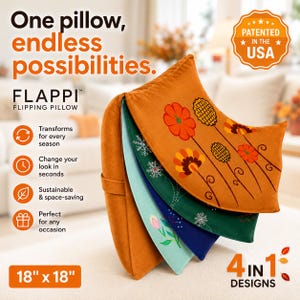 May include: A Flappi flipping pillow measuring 18 inches by 18 inches with four distinct fabric layers. The top layer is orange with floral graphics, followed by dark green with snowflake patterns, navy blue, and light blue with a tulip graphic.