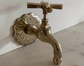 Wall Mounted Medium Artisan Handcrafted Delicately Etched Unlacquered Brass Sink Faucet Tap Interior Exterior Use