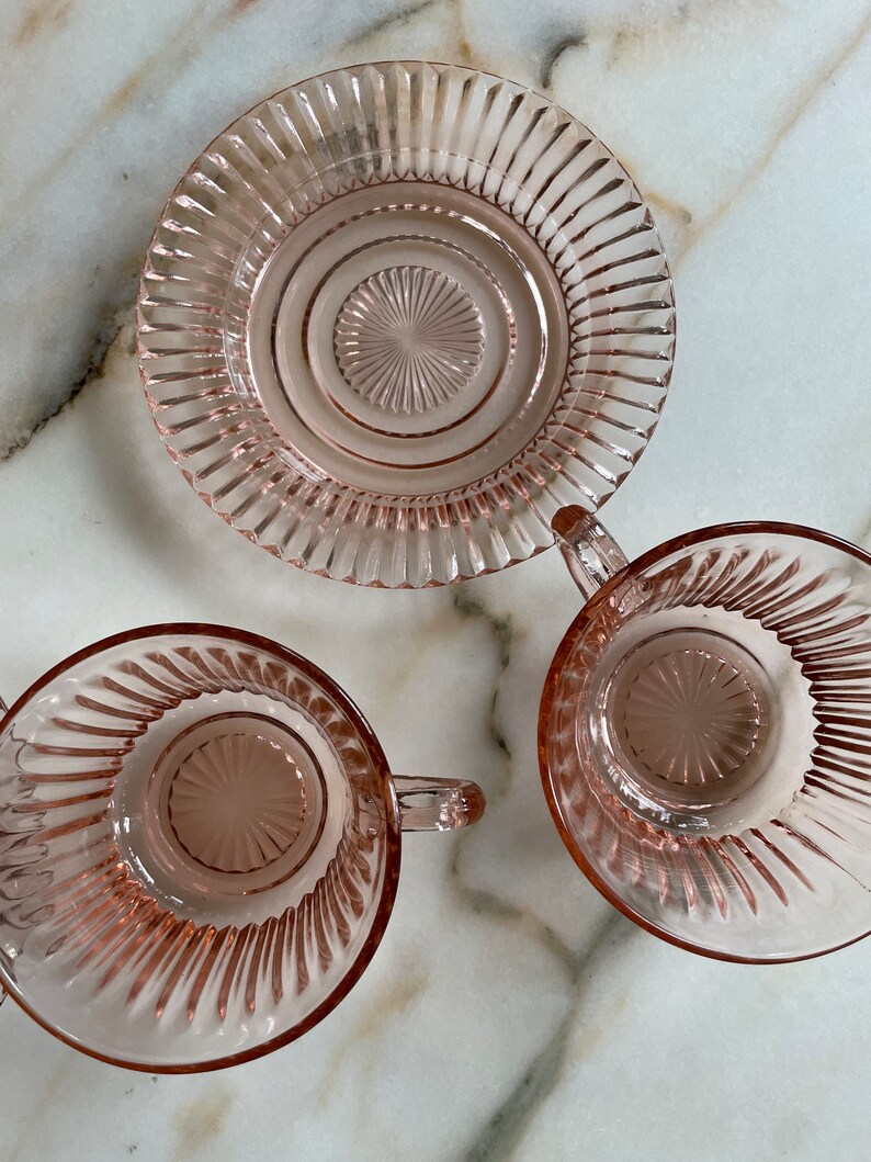 Art Deco 1930s Blush Fluted Pressed Glass Cup and Saucer Pair Etsy