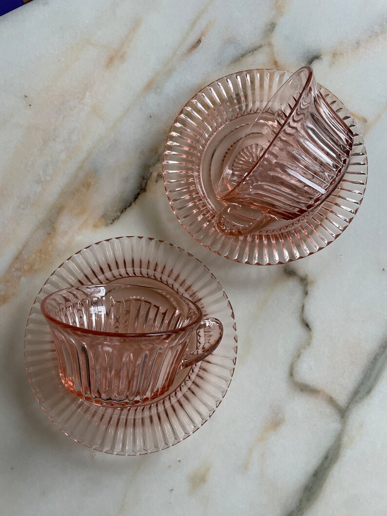 Art Deco 1930s Blush Fluted Pressed Glass Cup and Saucer Pair Etsy