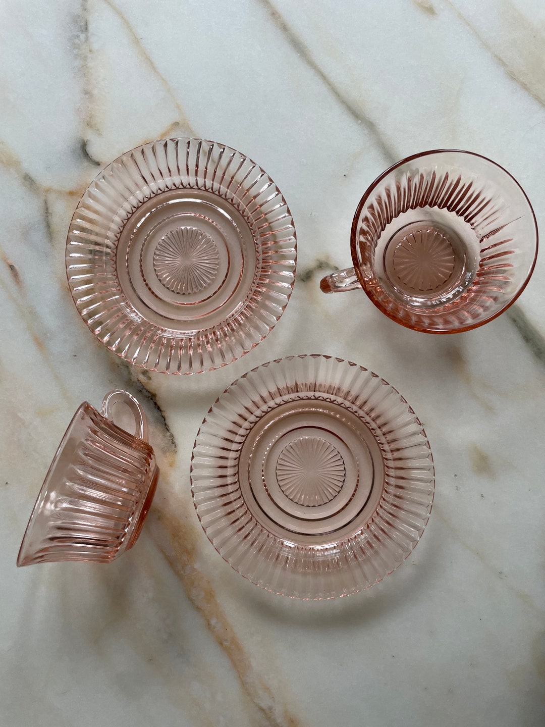 Art Deco 1930s Blush Fluted Pressed Glass Cup and Saucer Pair Etsy