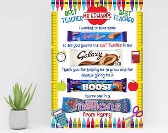 May include: A colorful card with a ruler, crayons, and a calculator. The card says "Best Teacher Mr. Edwards Best Teacher" and includes a message thanking the teacher for helping the student grow and for always giving them a boost. The card is signed "from Harry".