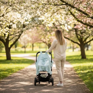 May include: A person pushing a black stroller with a light blue cover and bow detail. The stroller is on a paved path in a park with flowering trees. The person is wearing a cream-colored sweater and pants.