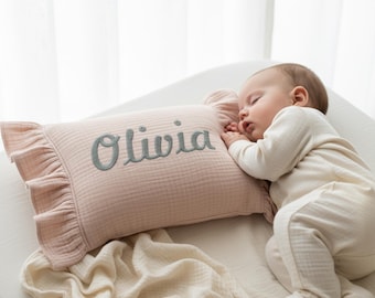 Personalized Baby Name Pillow with Ruffle, Custom Organic Muslin Embroidered Cushion, Nursery Decor Baby Girl or Boy Gift