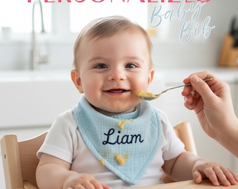 Babero personalizado para recién nacidos, babero para bebé personalizado con nombre bordado, paño de muselina orgánica para la baba, suave estilo bandana para bebés.