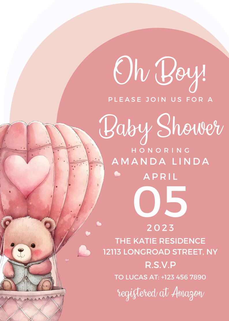Hot Air Balloon Baby Shower Invitation Template, Editable Baby Shower Invite, Bear Baby Shower