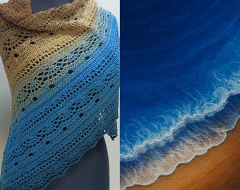 Orilla del océano en calma - Bufanda de algodón triangular de crochet