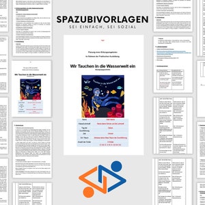 Könnte beinhalten: Eine bunte Illustration eines Tauchers in einem blauen Tauchanzug mit einer orangefarbenen Luftflasche, umgeben von roten Korallen und Fischen. Der Text "Wir Tauchen in die Wasserwelt ein" befindet sich oben im Bild. Der Text "Spazubivorlagen Sei einfach, Sei sozial" befindet sich oben auf der Seite.