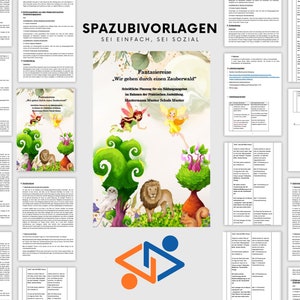 Könnte beinhalten: Eine farbenfrohe Illustration eines Zauberwaldes mit einer Fee, einem Löwen, einer Eule und einem Eichhörnchen. Der Text lautet "Fantasiereise "Wir gehen durch einen Zauberwald" Schriftliche Planung für ein Bildungsprojekt im Rahmen der Praktischen Ausbildung Mastermann Master Schule Muster"