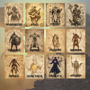 D&D Class Poster Bundle – 12 Printable Fantasy Art Prints – Digital Download for Gaming Room Decor