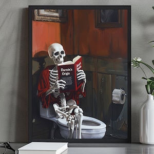 Ghost Skeleton on Toilet, Ghost in Bathroom Print, Dark Academia, Vintage Poster, Art Poster Print, Halloween Decoration, Gothic Victorian