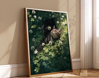 Cat Clover Field Printable Wall Art, Cute Cat Nature Poster, Cozy Pet Illustration, Aesthetic Digital Download