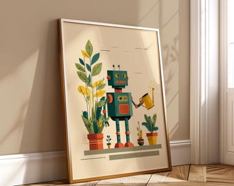 Cute Robot Plant Care Poster – Whimsical Gardening Bot Art – Minimalist Nature Illustration – Kids Room Wall Decor
