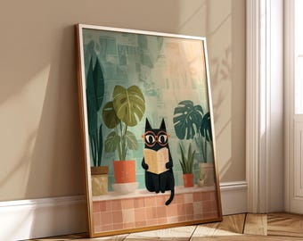 Bookish Cat Wall Art - Reading Nook Printable Poster - Cozy Plant Decor - Vintage Black Digital Download Gift