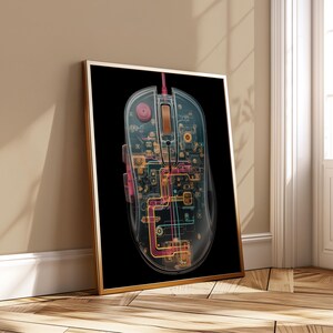 May include: A framed print featuring a transparent computer mouse with visible internal circuitry. The mouse's components are highlighted with colorful lines and accents against a black background. The frame is gold.