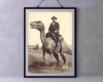 Kowboj dinozaurów, Fotografia vintage, Plakat artystyczny, Dark Academia, Plakat gotycki okultystyczny, Gotycki wystrój domu, Zachodnia jura