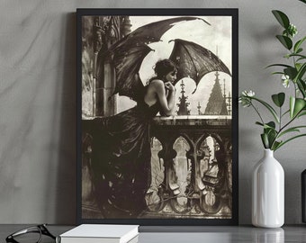 Gothic Bat Woman Illustration Print | Victorian Vampire Art | Dark Aesthetic Wall Decor | Moody Bat Woman Art
