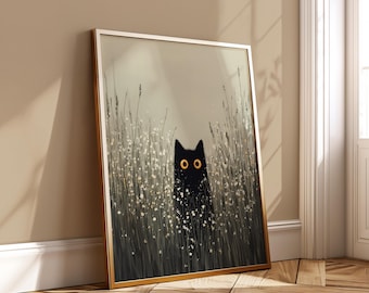 Black Cat Wildflower Poster, Minimal Nature Printable Wall Art, Neutral Meadow Scene
