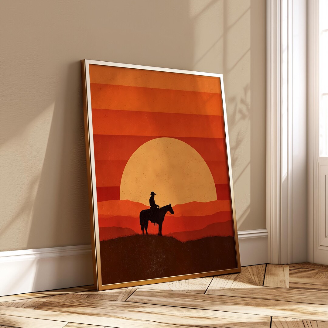 Retro Cowboy Sunset Wall Art - Minimalist Western Horse Rider Printable ...