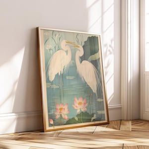 Arte mural de grulla japonesa, impresión digital de estanque de lotos, elegante póster de garceta, decoración vintage de aves, imprimible de naturaleza asiática