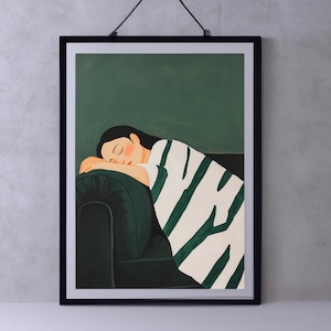 Emerald Green Abstract People Large Wall Art Contemporary Artwork Minimalist Print Living Room Wall Art Stripe Woman Print Digital Download