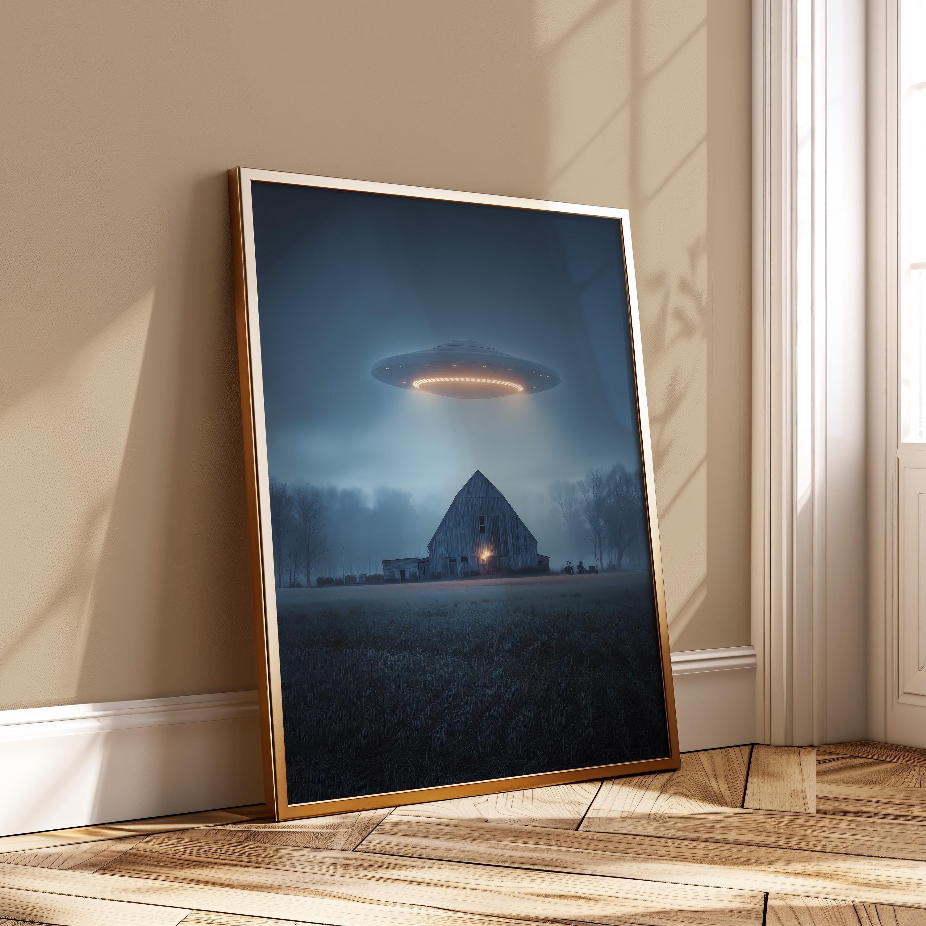 UFO Farm Poster – Alien Spaceship Over Barn – Sci Fi Landscape Art ...