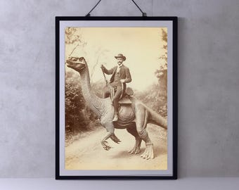 Dinosaur Cowboy, Vintage photography, Art Poster Print, Dark Academia, Gothic Occult Poster, Gothic Home Decor, Western Jurassic