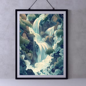 Hokusai Ukiyo-e Framed Japanese Waterfall Wall Art Landscape Poster Print, Blue Green Japanese Home Decor