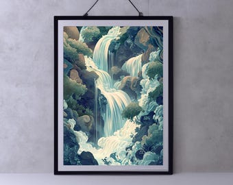 Hokusai Ukiyo-e Framed Japanese Waterfall Wall Art Landscape Poster Print Blue Green Home Decor