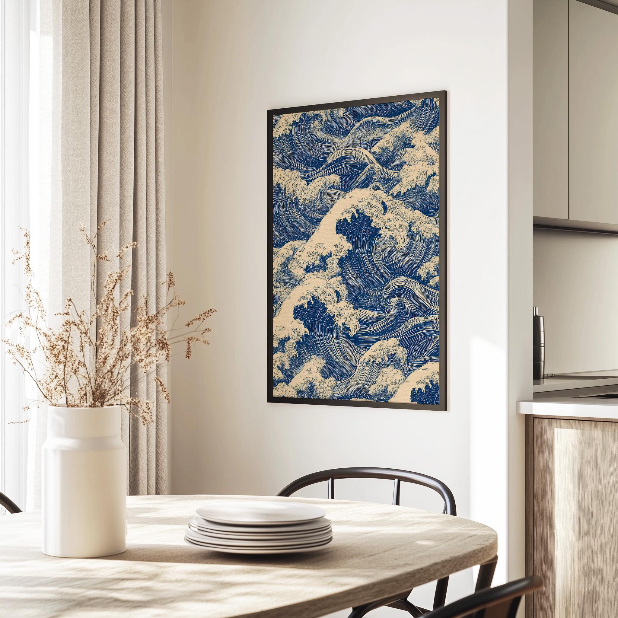 Seamless Japanese Wave Pattern – Vintage Ocean Line Art – Digital