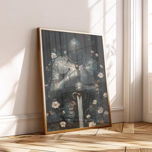 Gothic Knight Art Print – Medieval Fantasy Wall Poster – Sword & White Flowers Digital Download – Dark Regal Decor