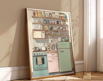 Vintage Pastel Kitchen Wall Art - Retro Mid-Century Appliances Illustration Printable Stove Fridge Pink Mint Decor Poster
