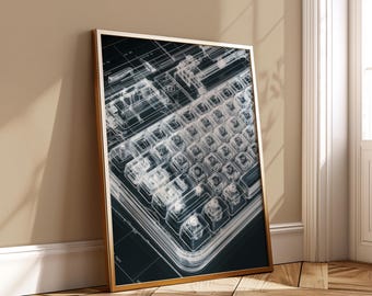Mechanical Keyboard Blueprint Wall Art Technical Schematic Printable Digital Download Futuristic Engineering Drawing