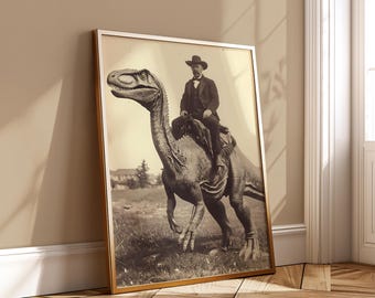 Dinosaur Cowboy Wall Art - Vintage Western Raptor Rider Printable Retro Poster Funny Digital Download Home Decor