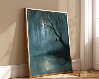 Fairy Moonlit Willow Magical Forest Fairycore Wall Art Fantasy Woodland Printable Dreamy Night Scene Instant Download
